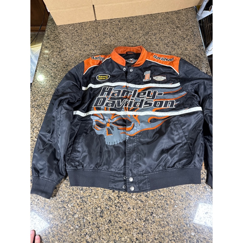 Harley-Davidson Willie G Skull Flame Nylon Bomber Jacket Black Orange XL
